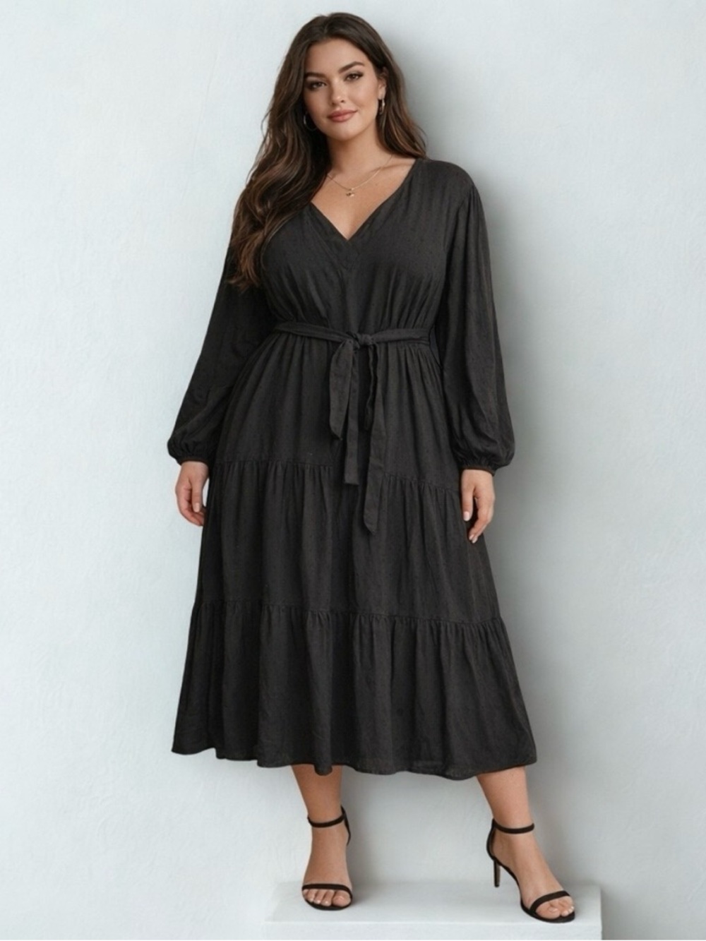 NEW Pari Passu Black Dotted Tiered Belted Dobi Midi Dress, Women's Size 16 $298